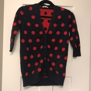 Navy blue cardigan with red dots